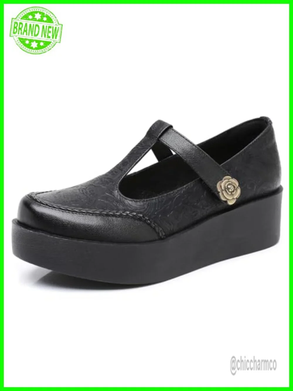 Genuine Leather T-Strap Platform Mary Janes Wedge Pumps Comfortable Hook Loop